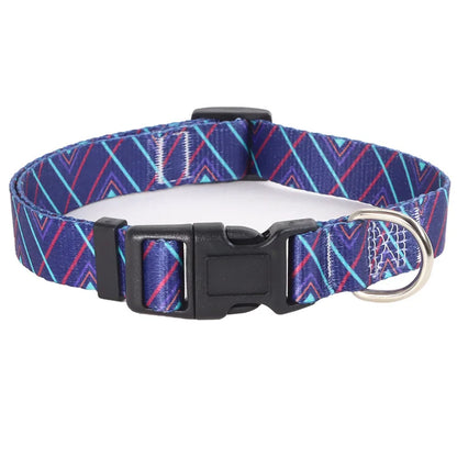 Collier pour chien en nylon violet avec motifs chevrons et diagonales turquoise et roses et mousqueton métal argenté sur fond clair.