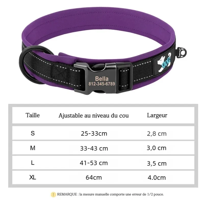 Collier violet et noir personnalisé pour chien avec tableau des tailles sur fond blanc.