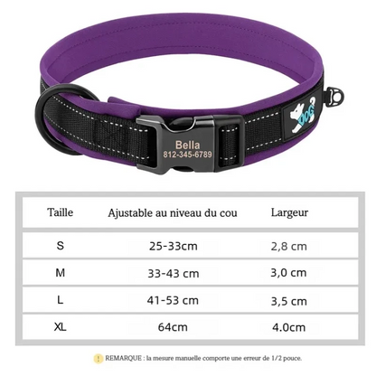 Collier violet et noir personnalisé pour chien avec tableau des tailles sur fond blanc.