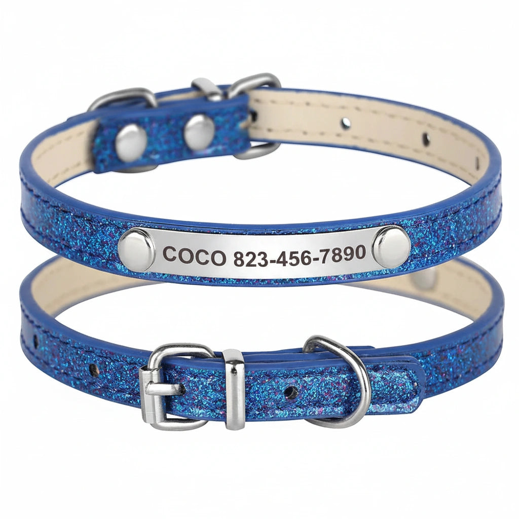 Collier bleu pailleté pour chiot avec plaque gravée et boucle métallique présenté de dos et de face sur fond blanc.