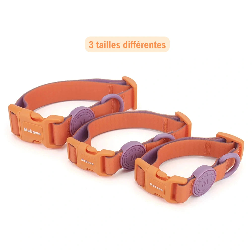 Comparaison des trois tailles d’un collier imperméable pour chiot devant un fond blanc.