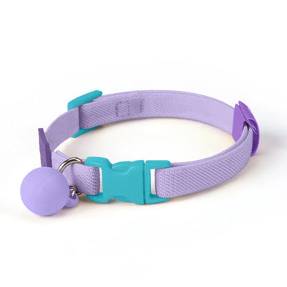 Collier violet pour chiot avec boucle bleu et boule décorative violette sur fond blanc.
