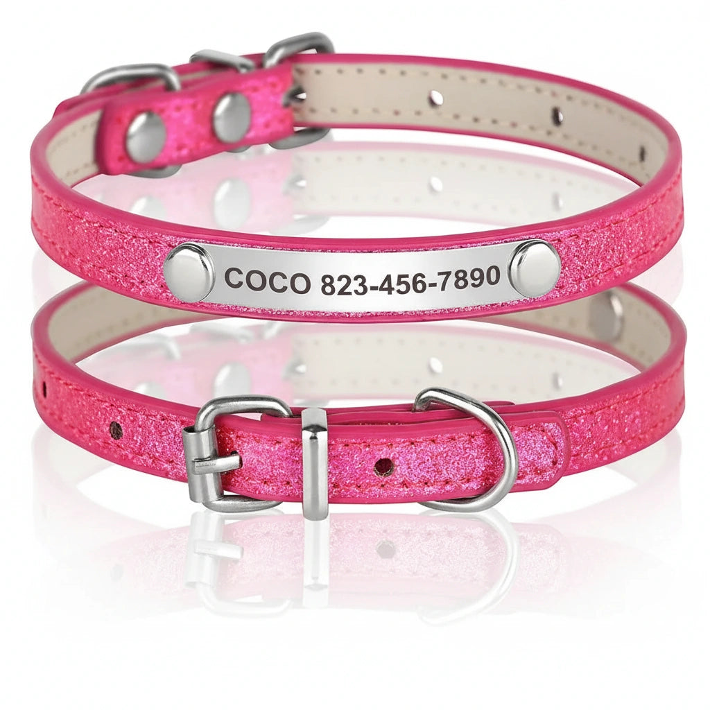 Collier rose pailleté pour chiot avec plaque gravée et boucle métallique présenté de dos et de face sur fond blanc.