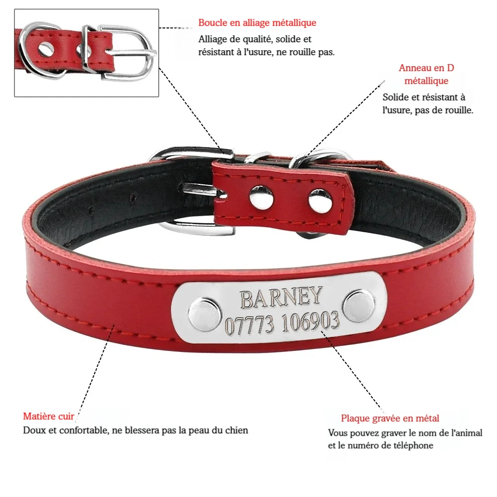Collier rouge avec annotations sur les éléments métalliques et la plaque présenté sur fond blanc.