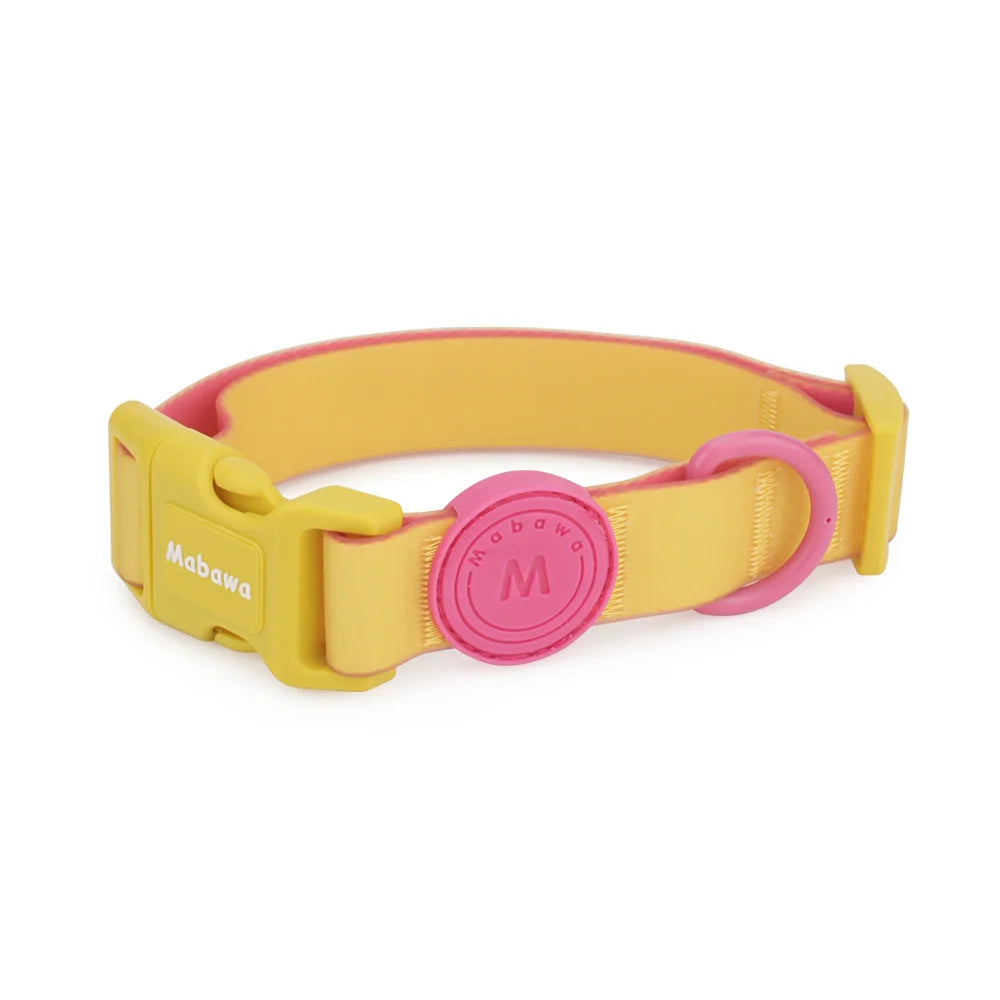 Collier waterproof réglable pour petit chien en jaune avec anneau rose sur fond blanc.