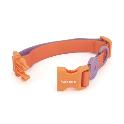 Collier chiot waterproof orange et violet présenté ouvert sur fond blanc.