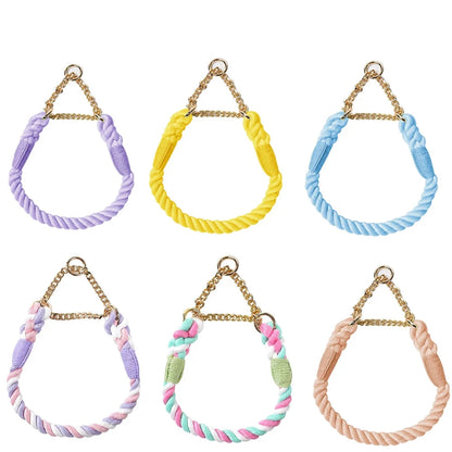 Sélection de six coloris de colliers pour chien en corde tressée avec chaîne réglable sur fond blanc.