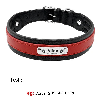 Collier en cuir rembourré bicolore rouge et noir pour chien avec plaque d'identification argentée personnalisable sur fond blanc.