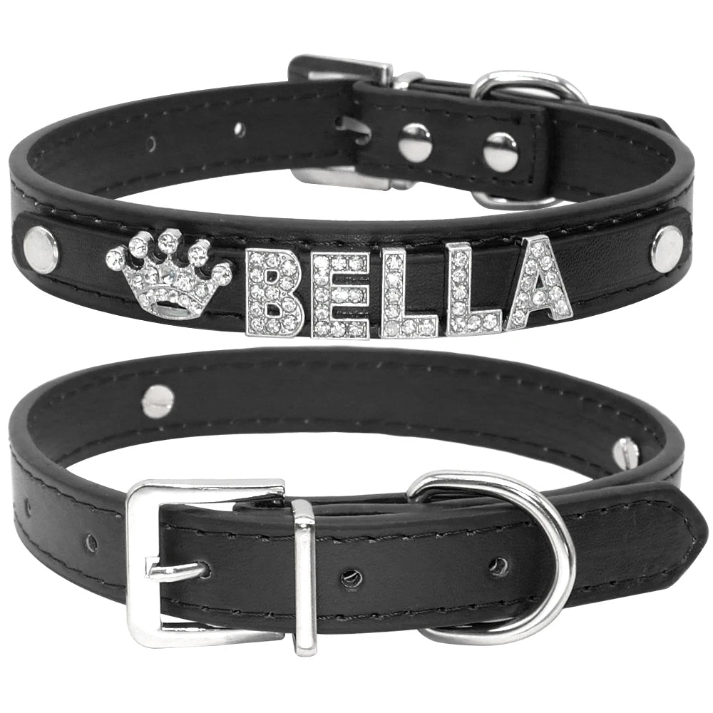 Collier de luxe pour chien en cuir PU noir avec lettres en strass Bella et symbole couronne.