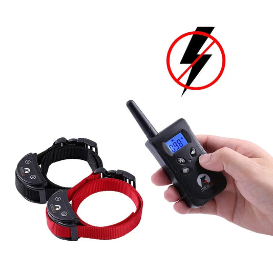Télécommande tenue en main avec deux colliers de dressage sans choc pour chien, noir et rouge sur fond blanc.