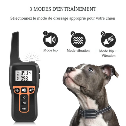 Visuel du collier de dressage sans choc pour chien avec trois modes bip, vibration et bip plus vibration sur fond blanc.