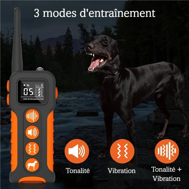 Présentation des 3 modes de fonctionnement de dressage du collier noir sans choc pour chien sur un visuel de nuit.