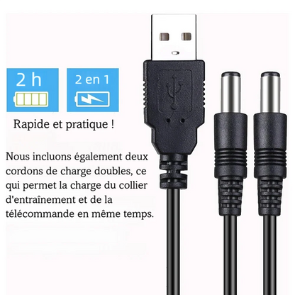 Câble USB double 2-en-1 pour charger simultanément le collier de dressage pour chien et la télécommande.