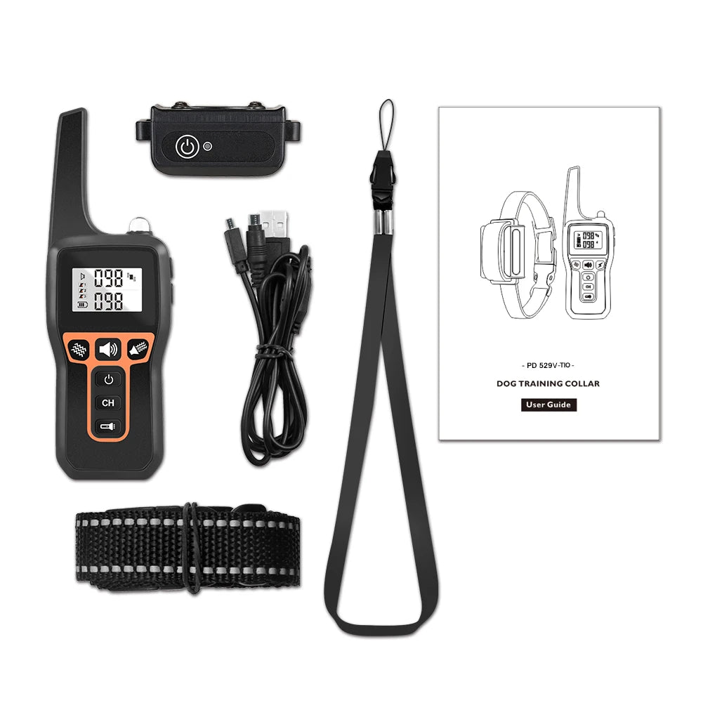 Contenu du pack du collier de dressage pour chien avec télécommande, récepteur, câble et guide utilisateur sur fond blanc.