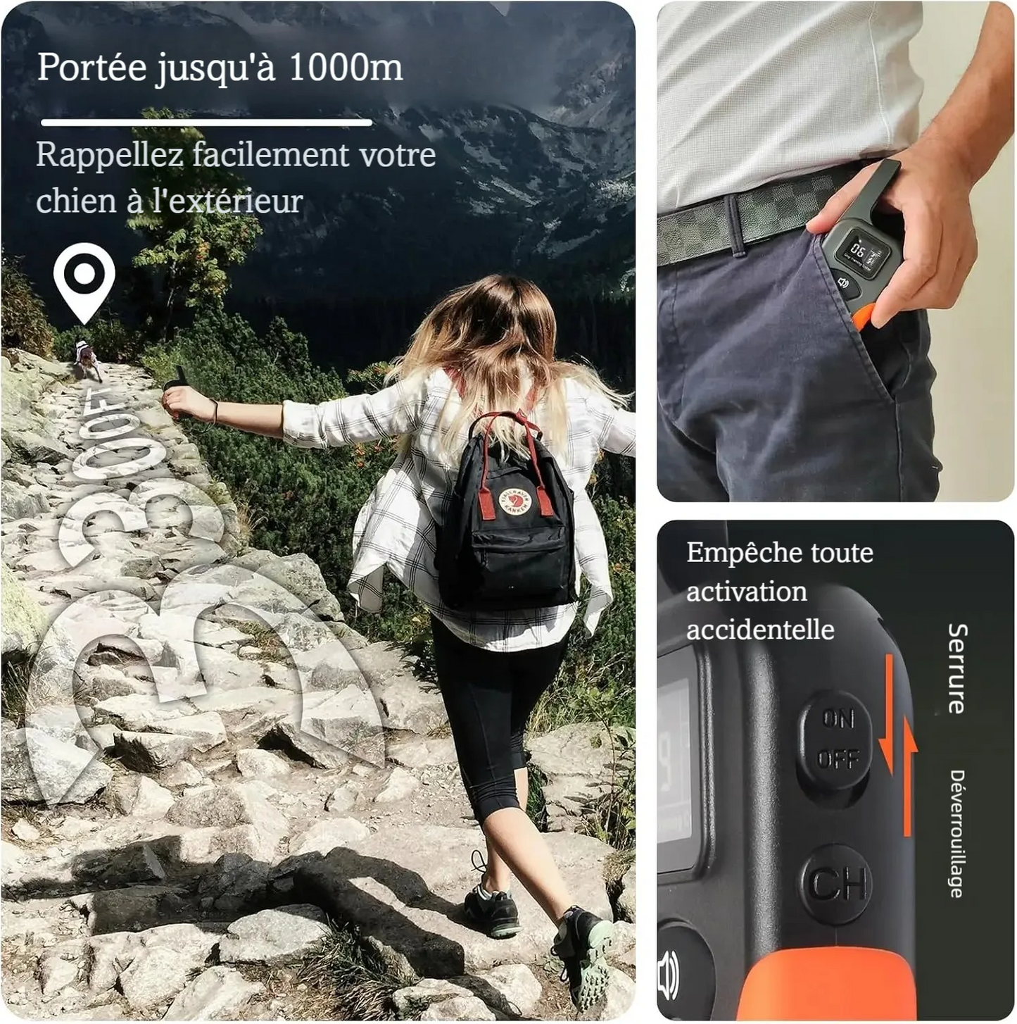 Collier de dressage sans choc avec télécommande portable et verrouillage pour éviter les activations accidentelles.