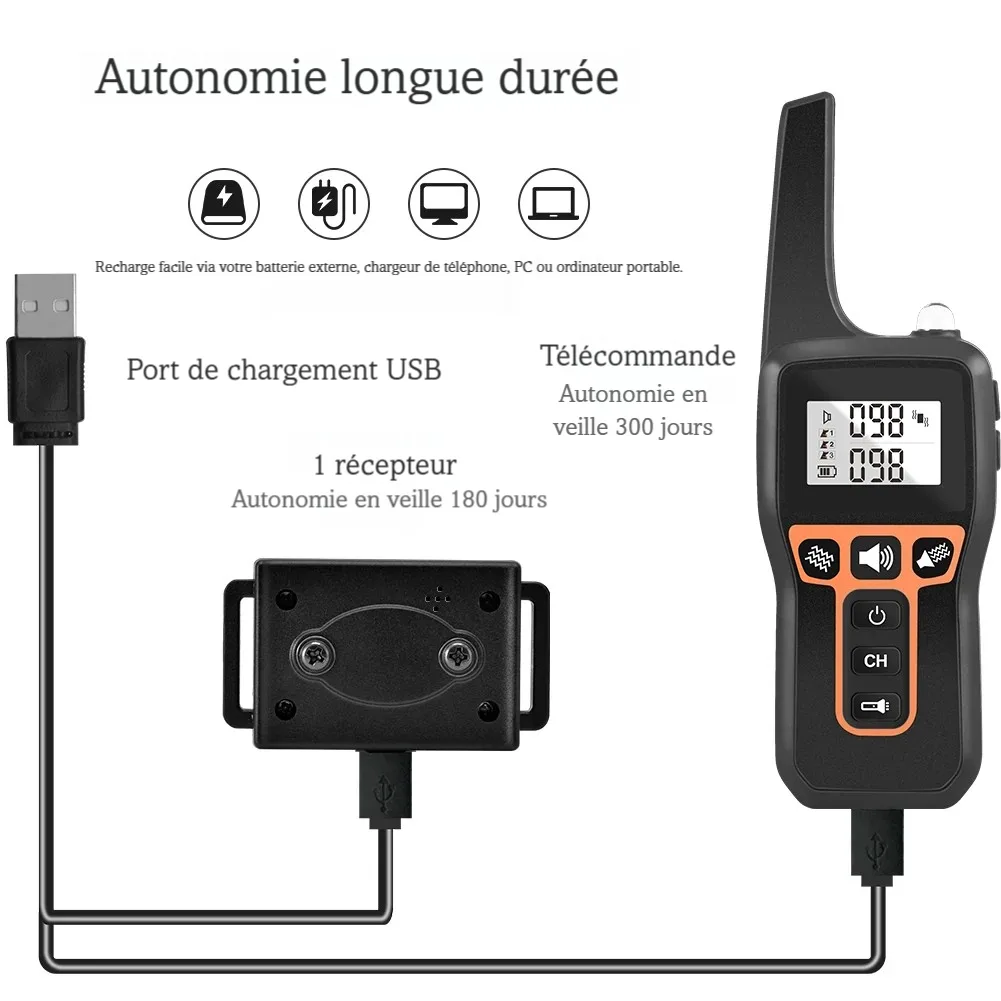 Image montrant la recharge USB et l’autonomie du collier pour chien à bip et vibration sur fond blanc.