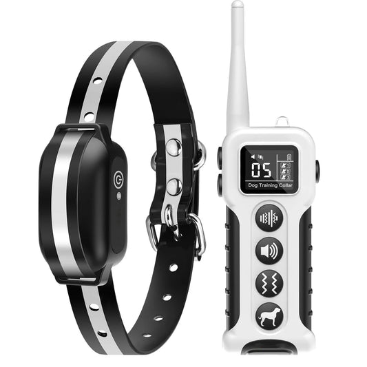 Vue produit du collier de dressage sans choc pour chien avec télécommande blanche rechargeable sur fond blanc.