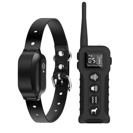 Collier de dressage sans choc pour chien avec télécommande noire sur fond blanc.