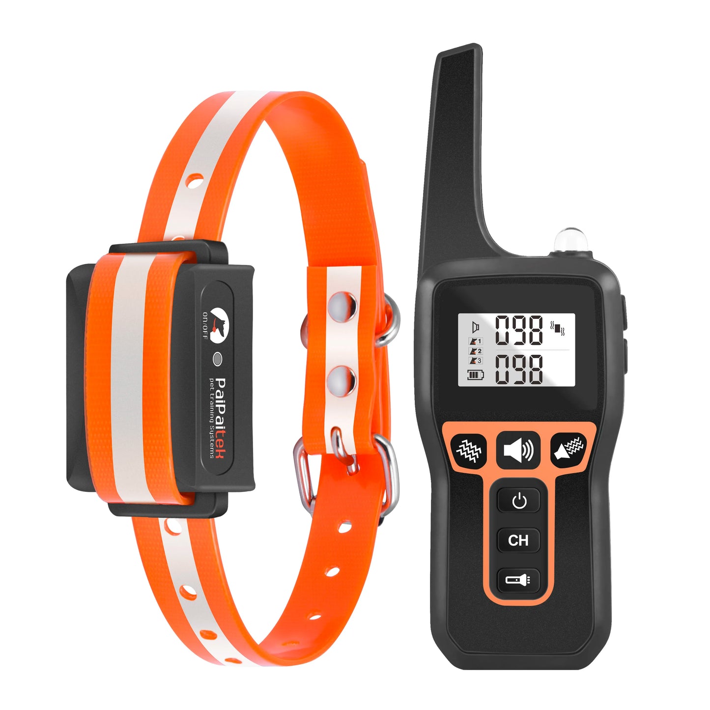 Collier de dressage sans choc pour chien avec télécommande et sangle orange réfléchissante sur fond blanc.