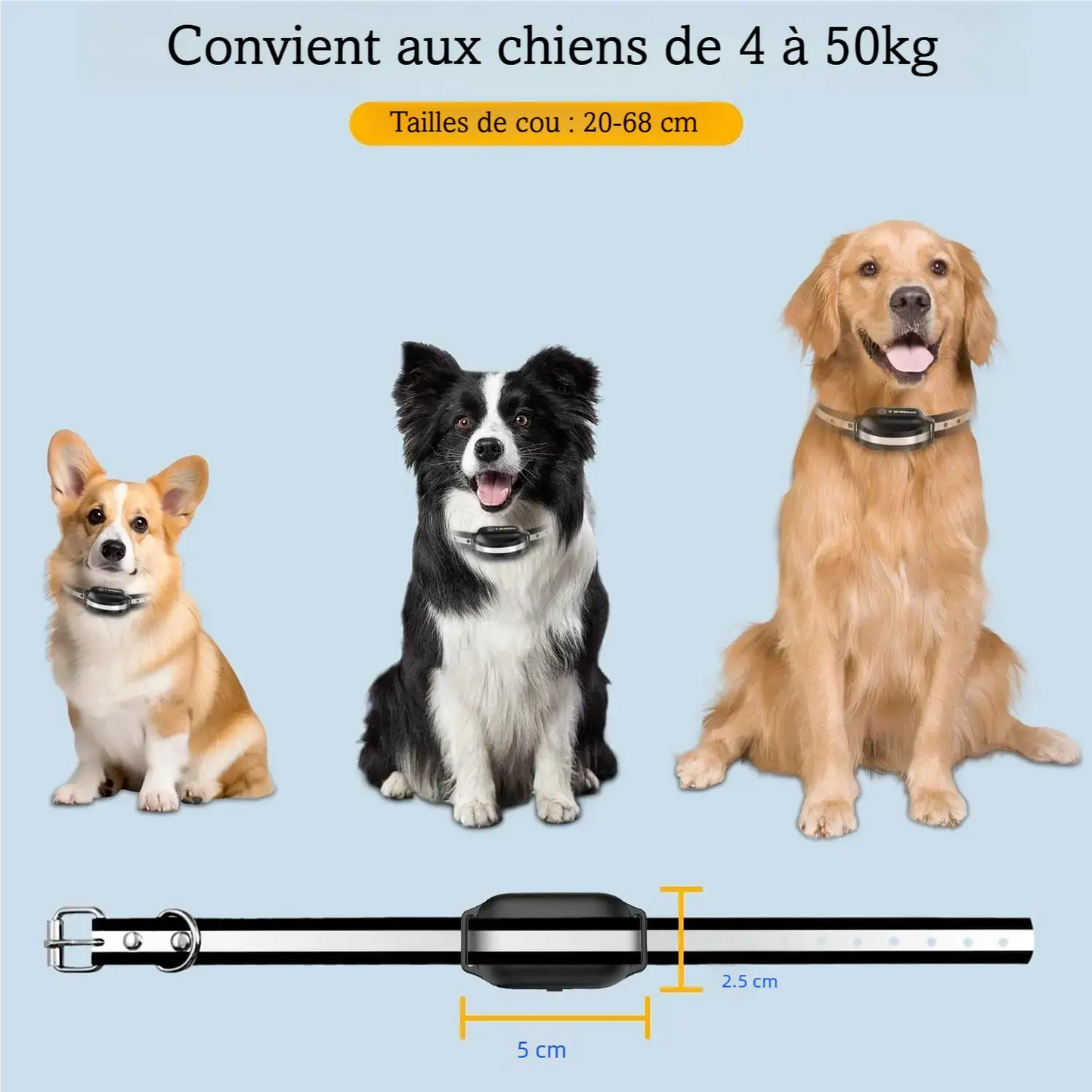Collier de dressage sonore et vibrant présenté comme compatible pour plusieurs tailles de chiens.