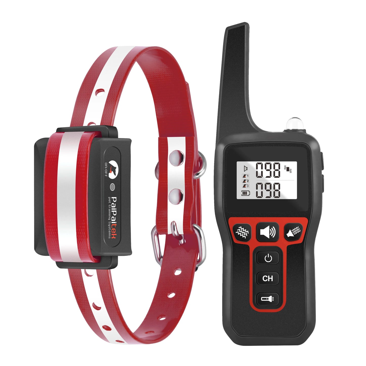 Collier de dressage sans choc pour chien avec télécommande et sangle rouge réfléchissante sur fond blanc.