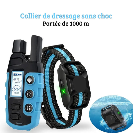 Collier de dressage sans choc pour chien avec télécommande longue portée, bip et vibration sur fond blanc.