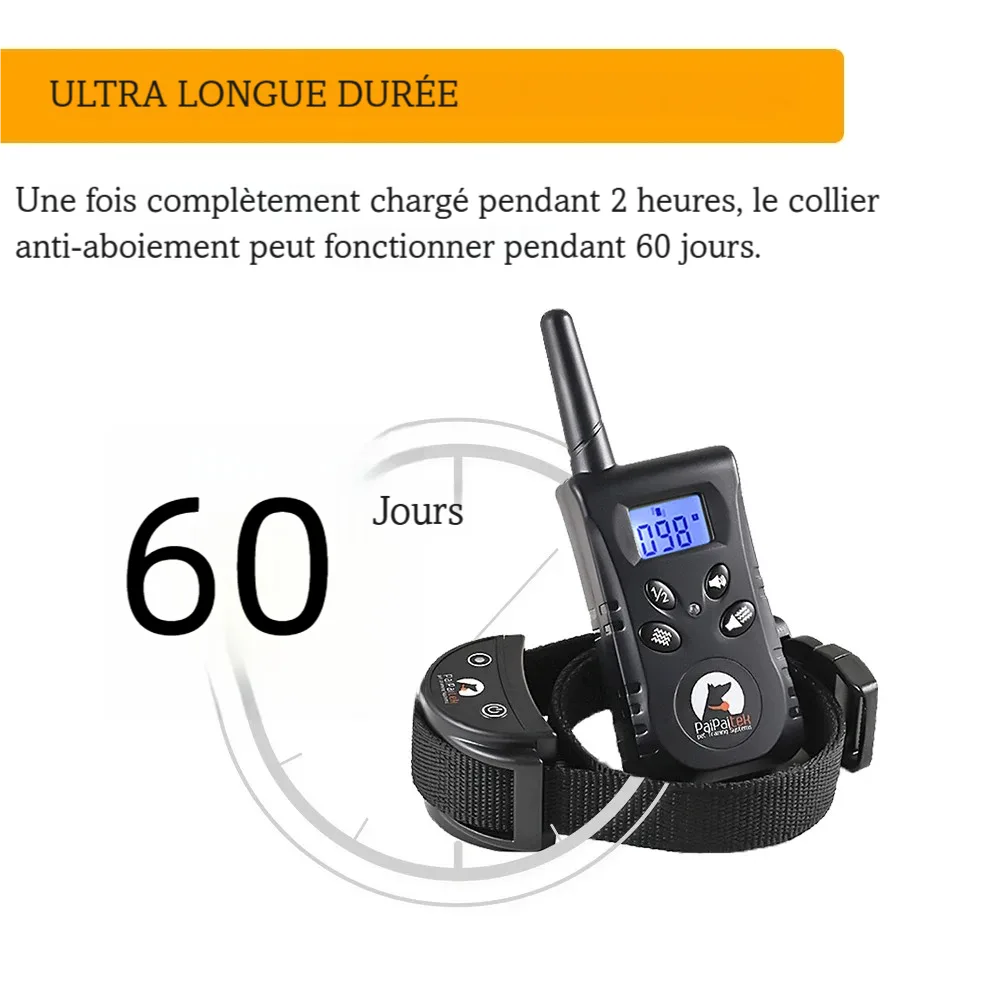 Collier de dressage sans choc avec télécommande et mention d’une autonomie de 60 jours.