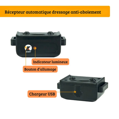 Détail du récepteur du collier de dressage sans choc pour chien avec bouton marche et port de charge USB sur fond blanc.