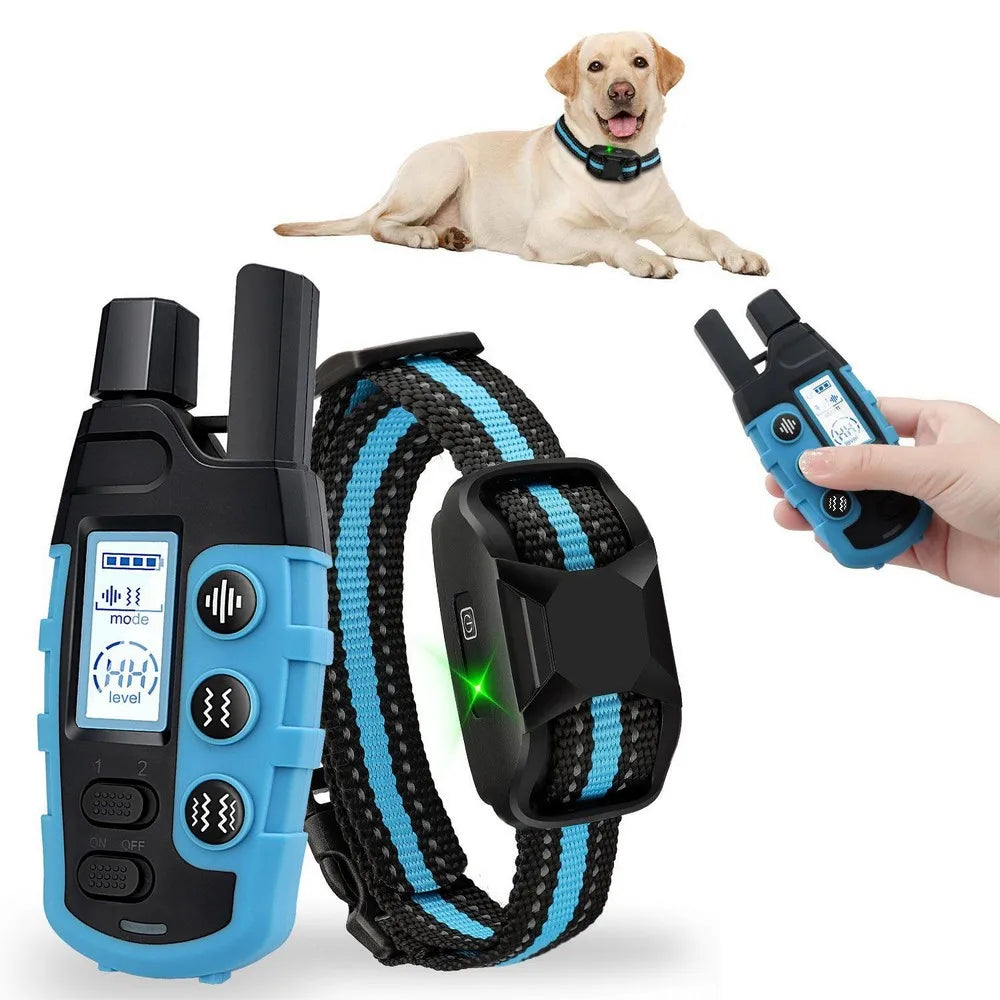 Collier de dressage sans choc pour chien avec télécommande, fonction bip et vibration sur fond blanc.
