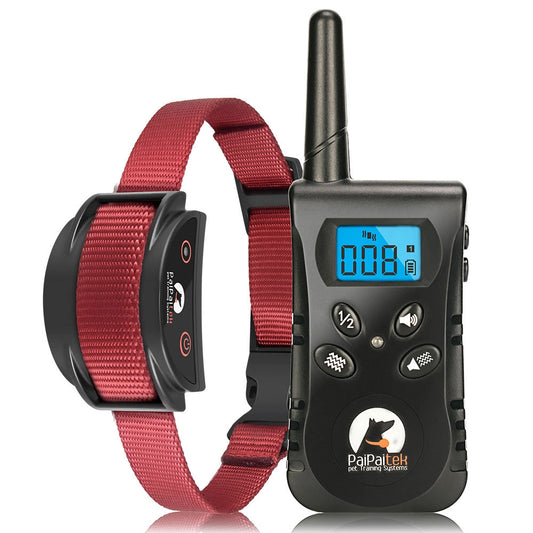 Collier de dressage sans choc avec télécommande noire et sangle rouge sur fond blanc.