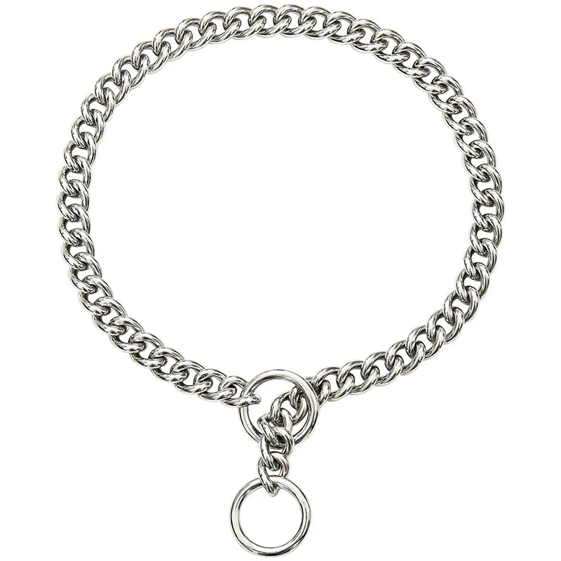 Collier chaîne argenté pour chien présenté à plat sur fond clair.