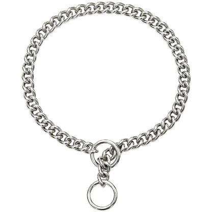 Collier chaîne argenté pour chien présenté à plat sur fond clair.