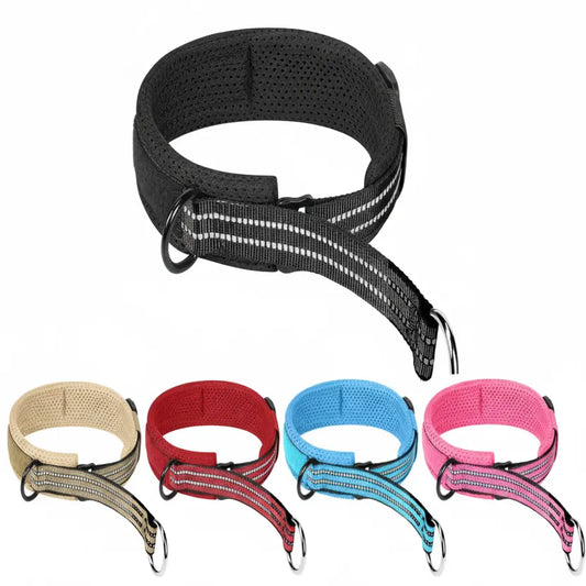 Vue produit d’un collier réfléchissant avec variantes beige, rouge, bleu et rose présentées en bas de l'image.