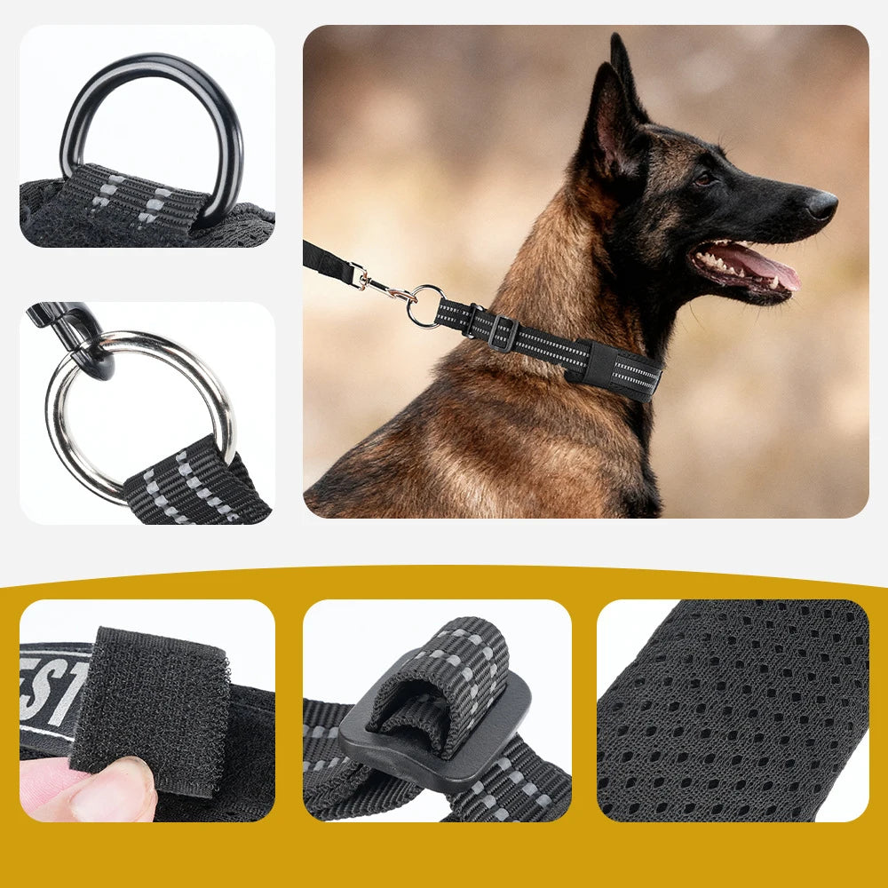 Montage d’un collier d’entraînement noir pour chien avec vues des anneaux, du velcro, de la boucle et du rembourrage.