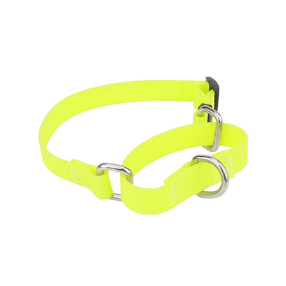 Collier d’entraînement pour chien en PVC imperméable jaune fluo avec poignée de contrôle intégrée sur fond blanc.