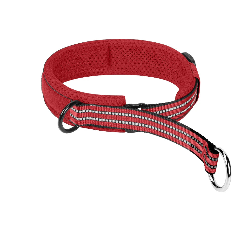 Collier d’entraînement rouge pour chien avec rembourrage et anneaux métalliques sur fond blanc.