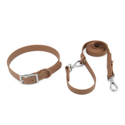 Vue produit d’un ensemble collier et laisse pour chien détaché coloris marron.