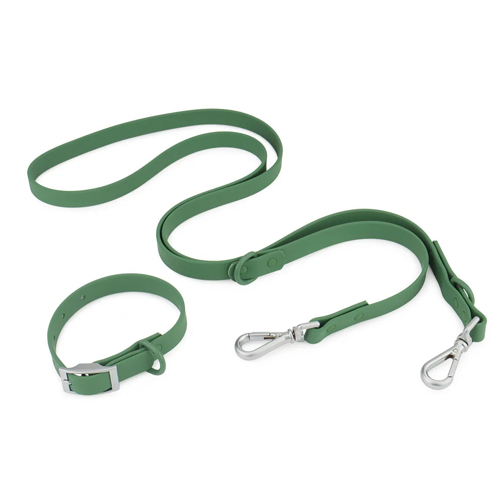 Vue produit d’un ensemble collier et laisse pour chien détaché coloris vert foncé.