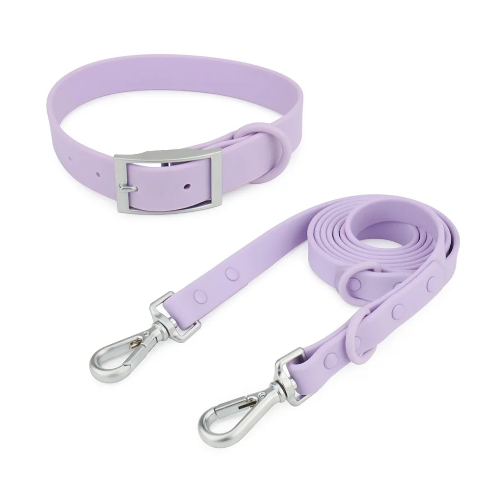 Vue produit d’un ensemble collier et laisse pour chien détaché coloris violet.
