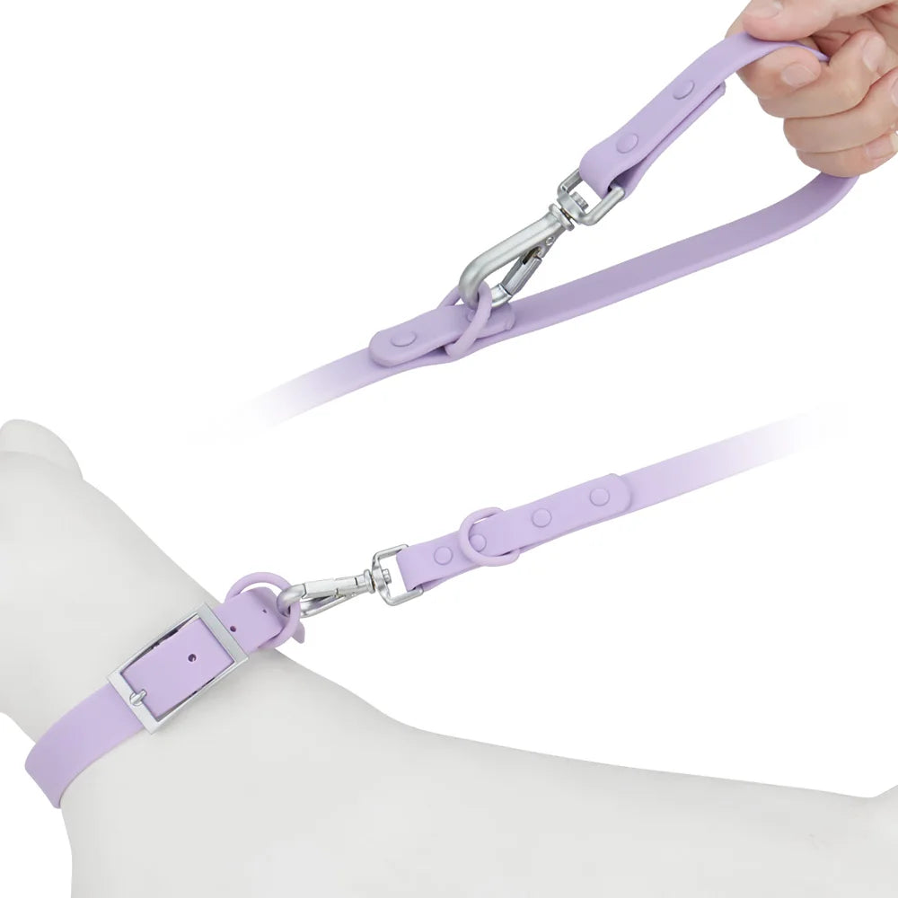 Collier et laisse pour chien en PVC violet portés au cou d'un mannequin chien.