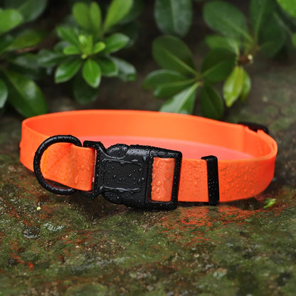 Collier pour chien orange haute visibilité présenté avec gouttes d’eau en extérieur.