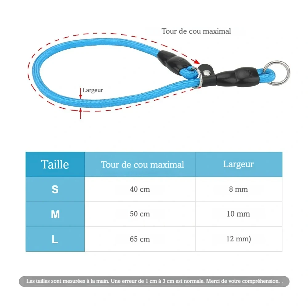 Guide des tailles du collier à glissière pour chien avec tour de cou maximal et diamètre de corde.