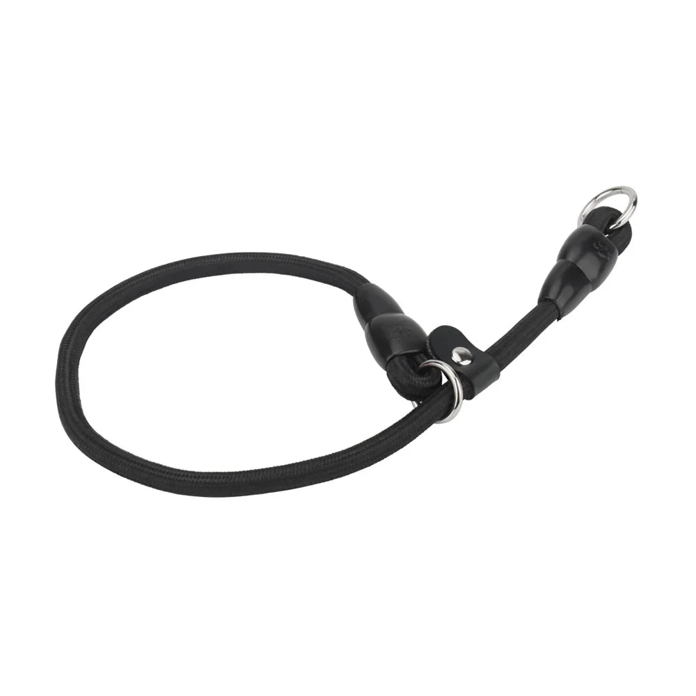 Vue produit d’un collier coulissant noir pour chien avec anneau métallique présenté sur fond blanc.