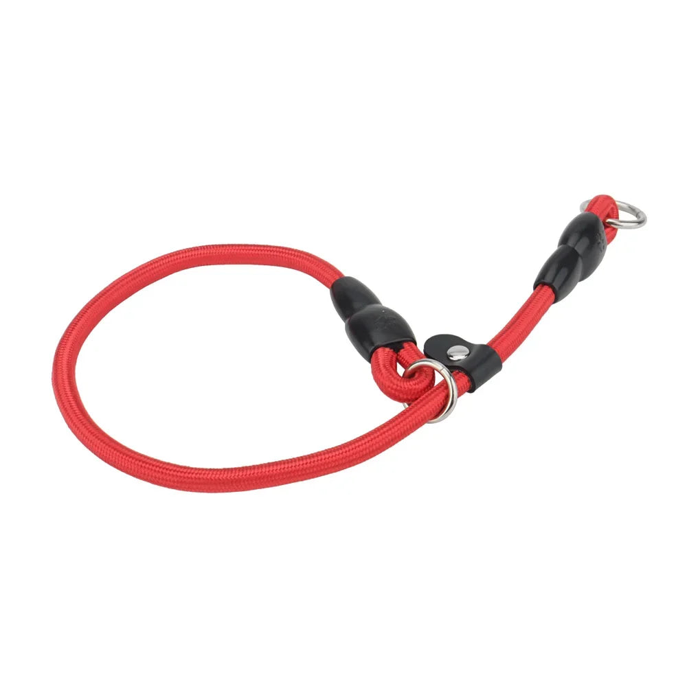 Vue produit d’un collier coulissant rouge pour chien avec anneau métallique présenté sur fond blanc.