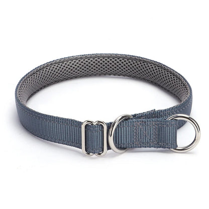 Collier gris pour chien avec doublure en maille sur fond blanc.