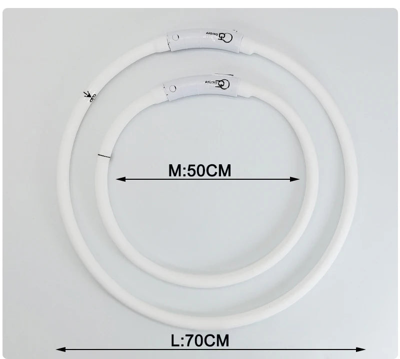 Deux colliers blancs pour chien avec dimensions M 50 cm et L 70 cm sur fond gris.