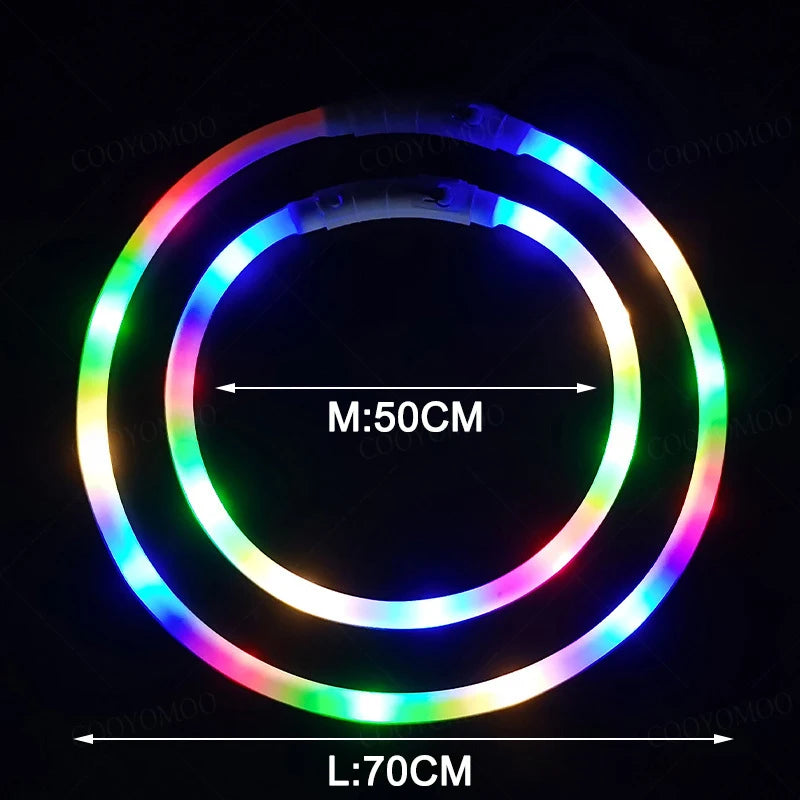 Deux colliers lumineux multicolores allumés avec dimensions M 50 cm et L 70 cm dans l'obscurité.