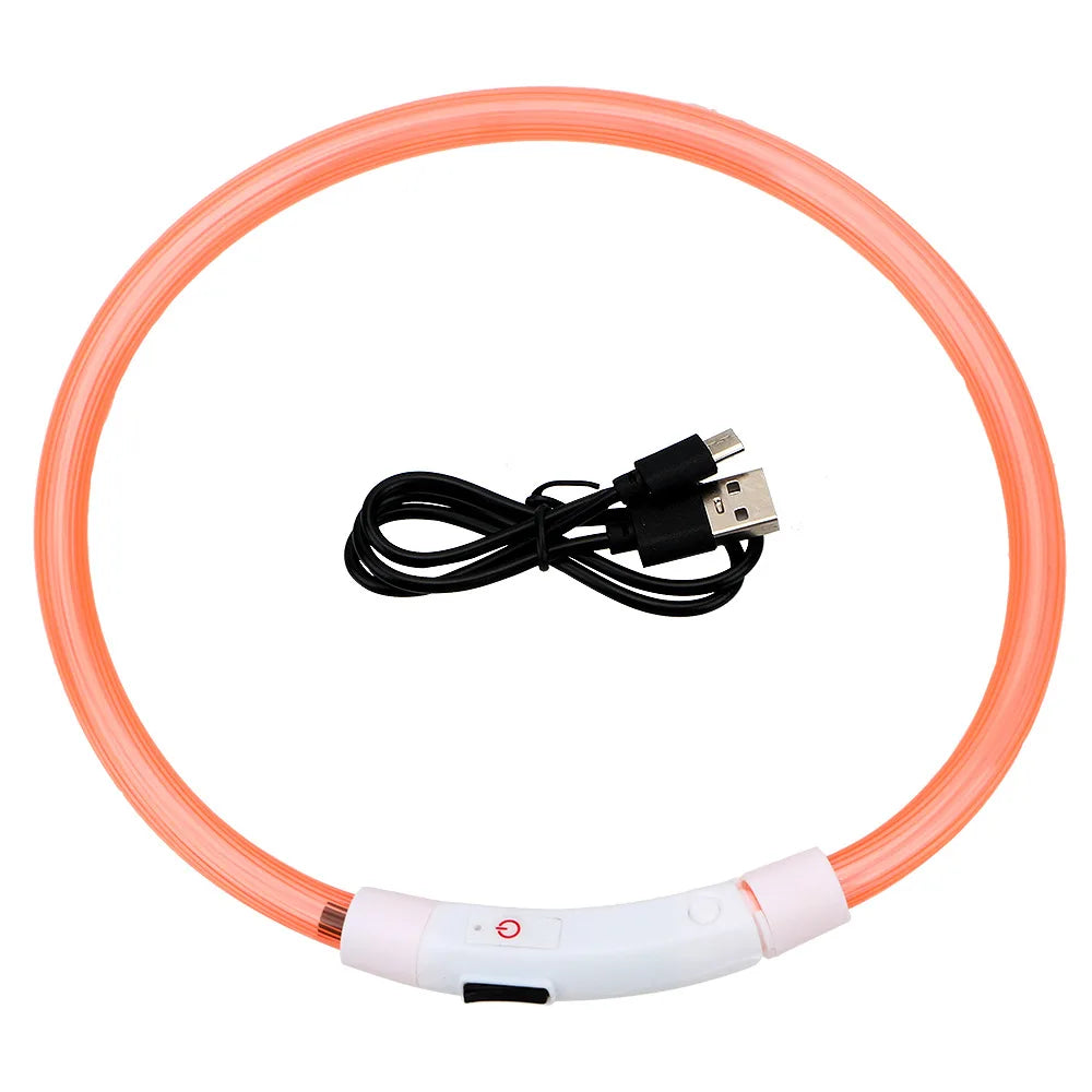 Modèle collier lumineux orange pour chien avec câble USB noir sur fond blanc.