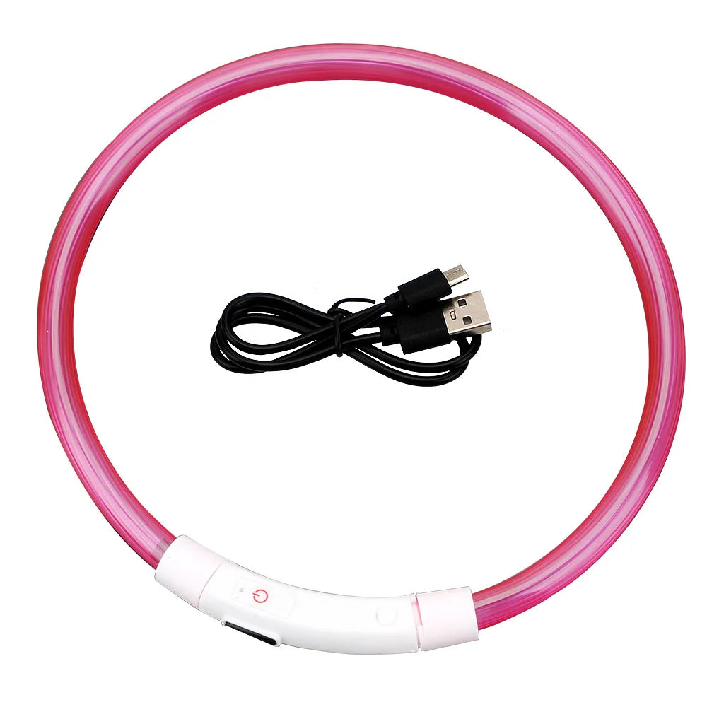 Modèle collier lumineux rose pour chien avec câble USB noir sur fond blanc.
