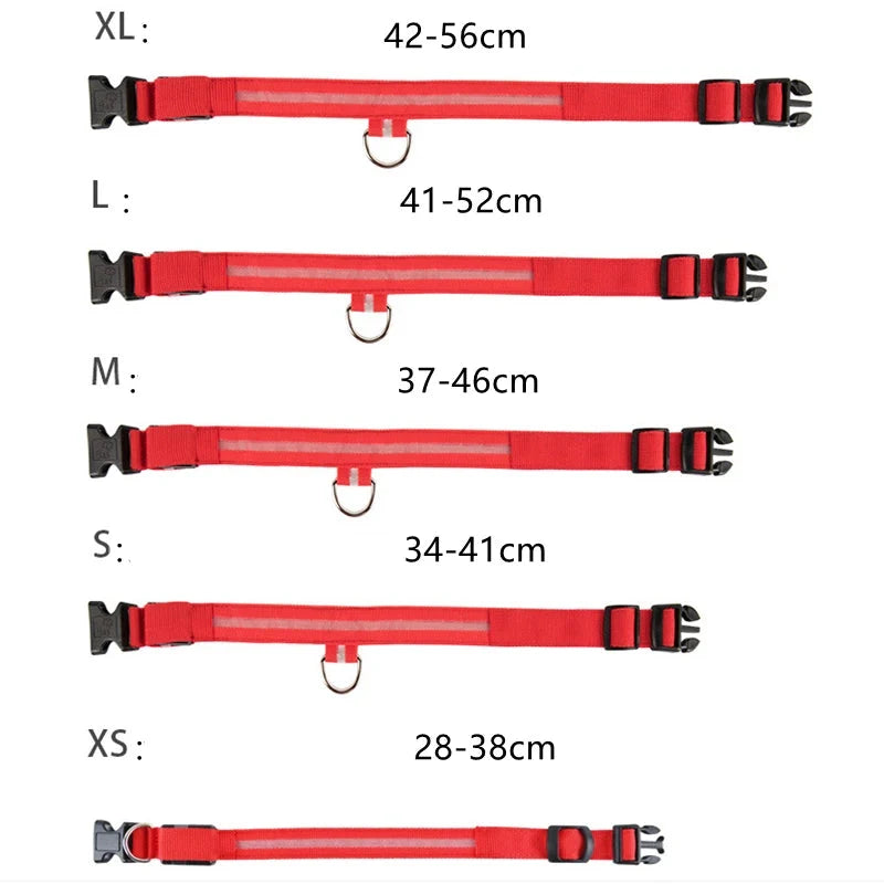 Guide des tailles d’un collier rouge pour chien du XS au XL.